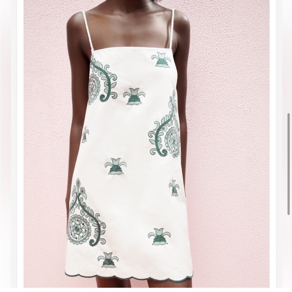 Zara Green & White Embroidered Mini Dress